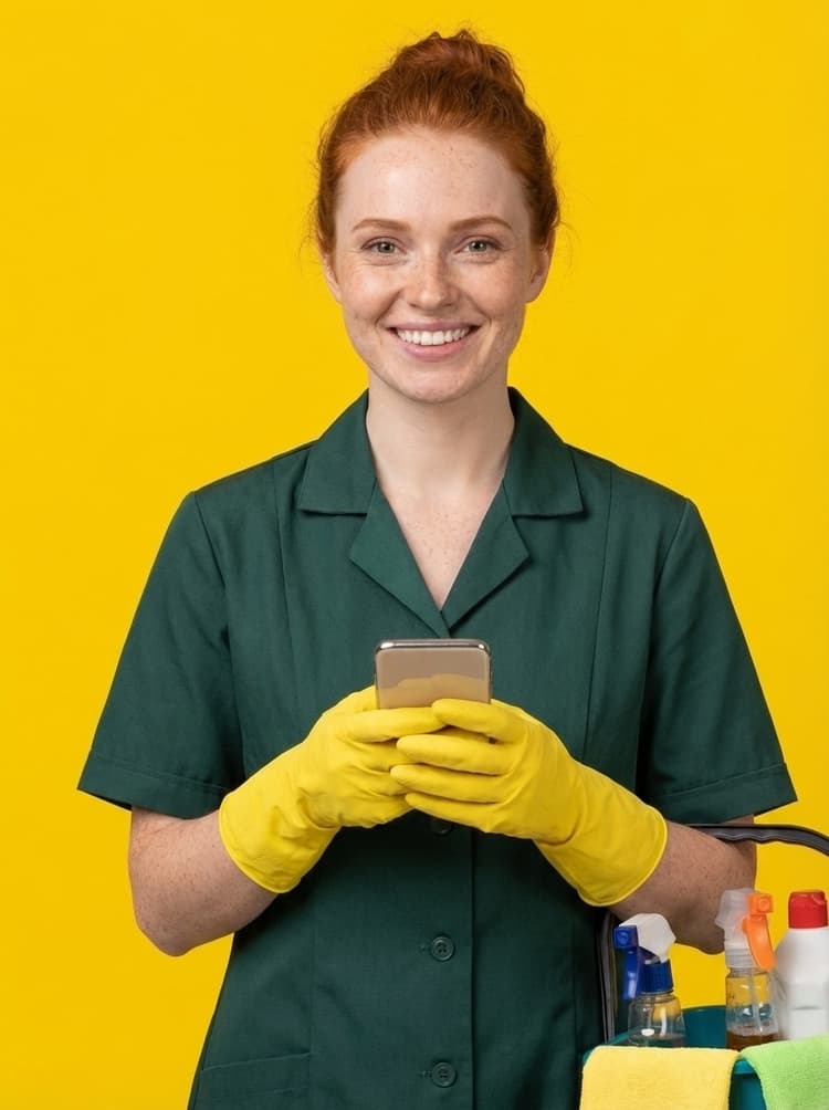 Cleaning technician reviewing a checklist